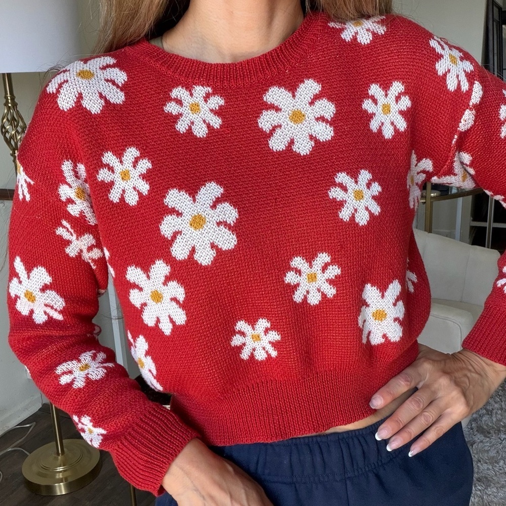 Aster Floral Daisies Crewneck Red White Knit Casual Crop Sweater Cardigan Top S